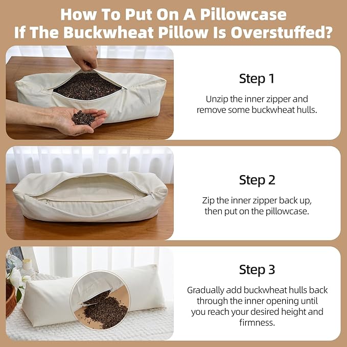 Buckwheat Pillow - Adjustable Buckwheat Neck Pillow(17x6) to Provide Firm Support, Neck Roll Pillow for Side and Back Sleepers, Bolster Pillow with Organic Pillowcase, Triangle Pillows