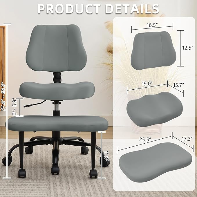 Criss Cross Legged Meditaion Chair,Exquisite Home Office Furniture,Ergonomic Kneeling with Lumbar Support and Adjustable Height Stool,for ADHD Adults,Teddy Fabric (Grey, Faux Leather)