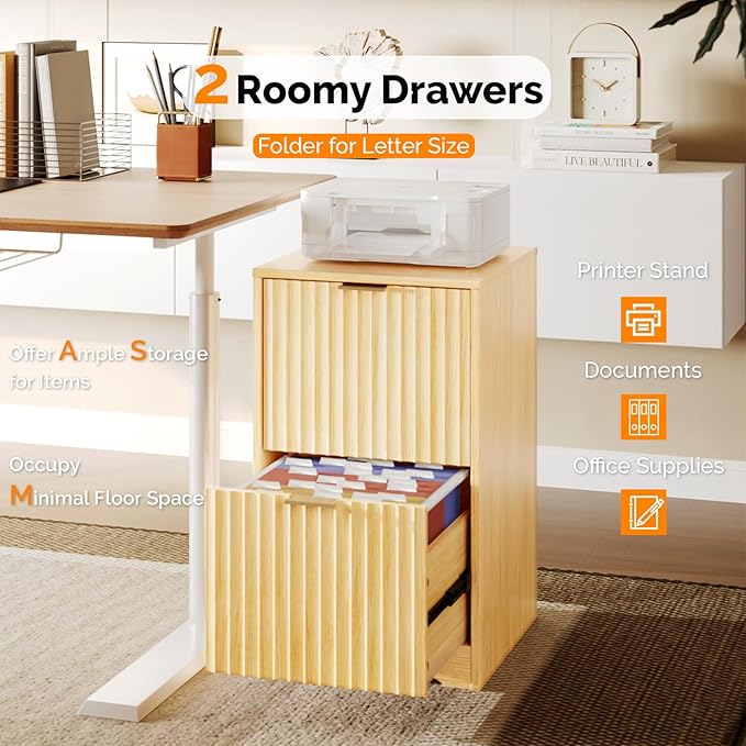 VINGLI 2 Drawer File Cabinet, Home Office Filing Organizer, for Letter Size File Folder Storage, Modern Style Fluted Design, Wood Vertical Filing Cabinet, Printer Stand, Archivador (Oak)