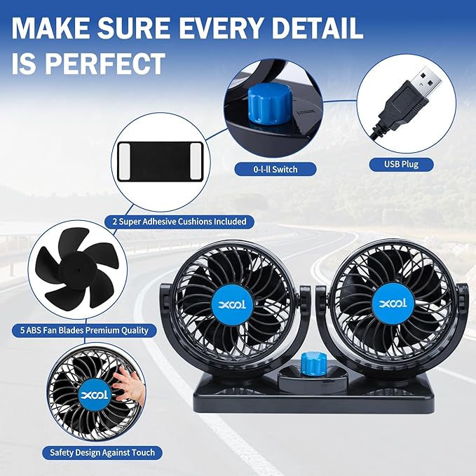 XOOL USB Car Cooling Fans, 2 Speeds Dual Head Car Fan, 360° Rotatable, 5V/2A Powerful Car Fans that Blow Cold Air, Portable Car Fans for Vehicles, SUV, RV, Boat (USB Plug)