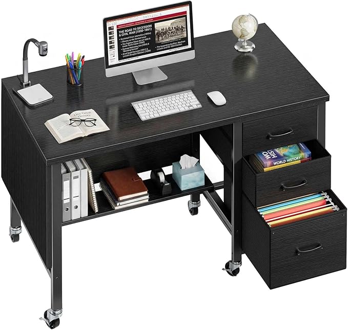 Rolling Teacher Desk with File Drawer & Privacy Panel, 47" Mobile Computer Desk with 3 Storage Drawers on Wheels, Modern Office Desks with File Cabinet for Classroom & Home Office, Black