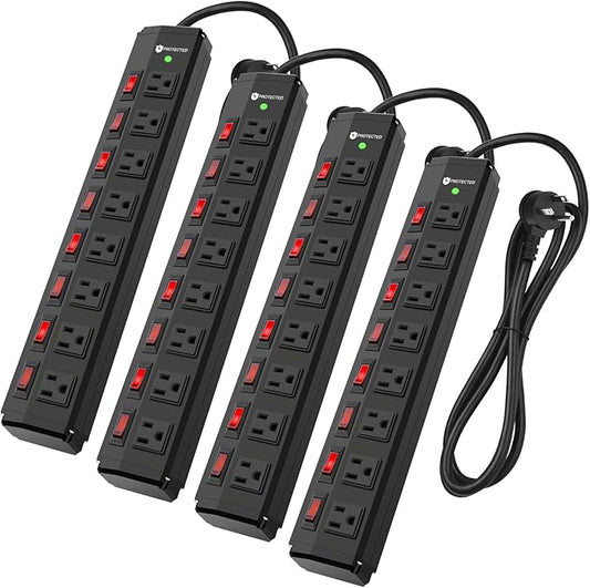4PCS 8 Outlet Heavy Duty Power Strip with 8 Individual Switches,Moutable Metal Power Strip Surge Protector 1200 Joules,6FT 14AWG Extension Cord,15A 1800W 125V 60Hz