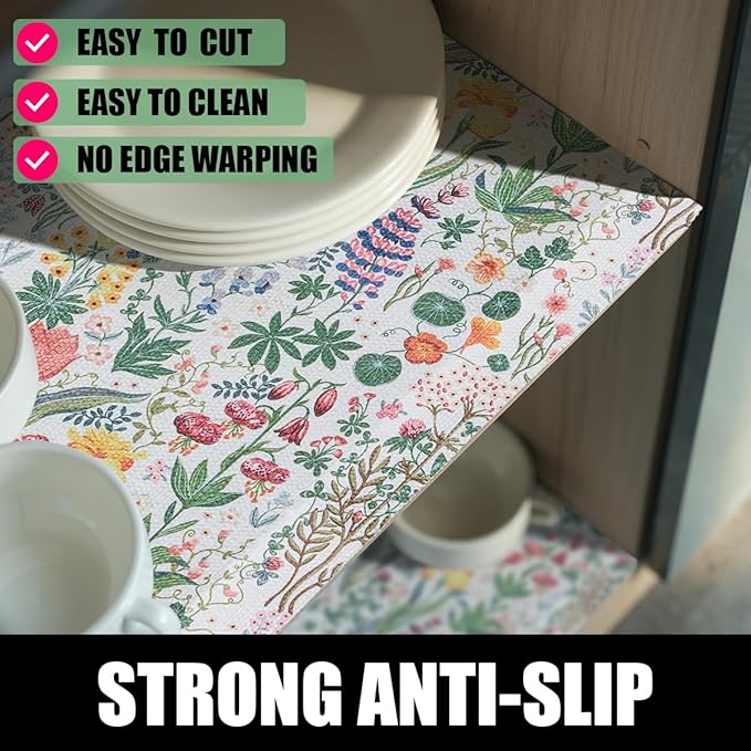 Floral Shelf Drawer Liners, 24IN x 10FT Non Adhesive and Strong Non-Slip Colorful Cabinet Drawer Shelf Liners for Kitchen Wire Fridge, Waterproof Cabinet Liner,Easy to Clean