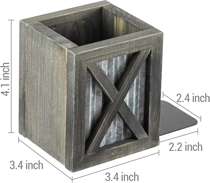 MyGift Vintage Decorative Bookends, Desktop Book Ends with Pen Holder Pencil Cup Stationery Storage Bins for Home Office, Classroom, Dorm Room, Gray Wood with Corrugated Galvanized Metal Accent