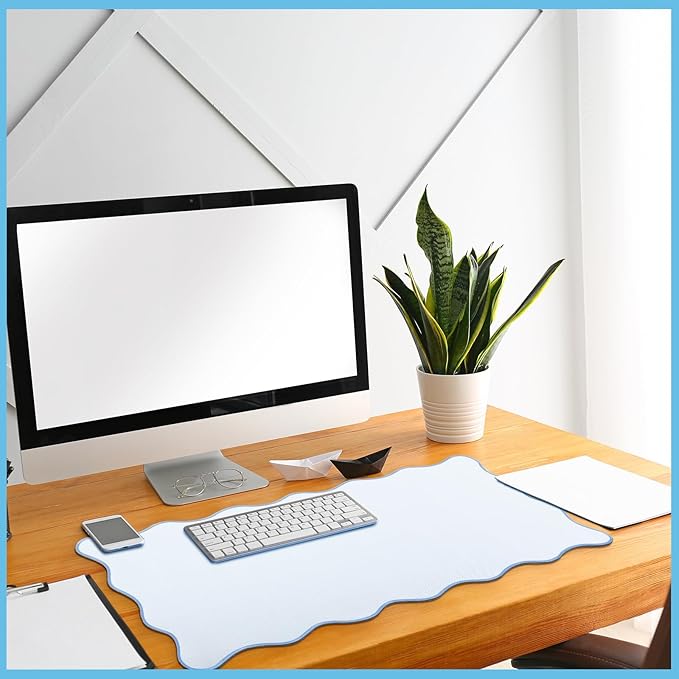 Hahafelt Scalloped Desk Mat Large Scalloped Piping Cute Desk Mat Aesthetic Preppy Table Pad Large Nonslip Pad with Edge Stitching Waterproof Gaming(Blue,23.6 x 13.8 Inches)