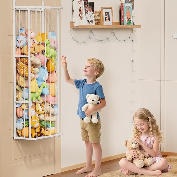 SWTYMIKI Hanging Stuffed Animal Storage - Over Door Large Plush Toy Organizer, Wall Mounted or Corner Stuffie Storage for Nursery, Doll & Bear Plush Organizer for Kid Room Bedroom (White, 3-Tier)