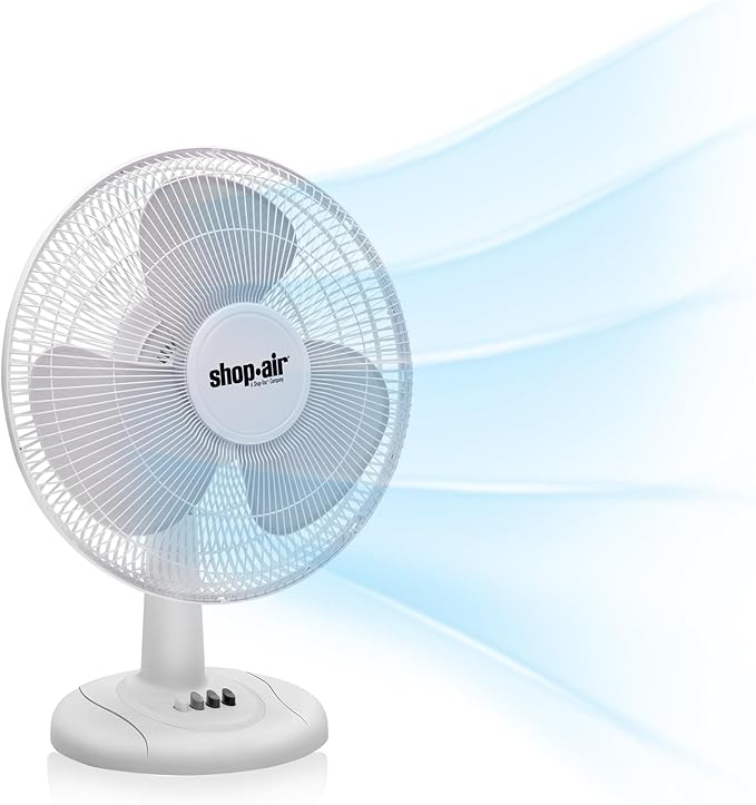 Shop-Air 12" Oscillating Table Fan, 3 Speeds, High-Velocity, Quiet & Powerful Air Circulation, 70° Adjustable Head Tilt,Ideal for Home, Bedroom or Office, White