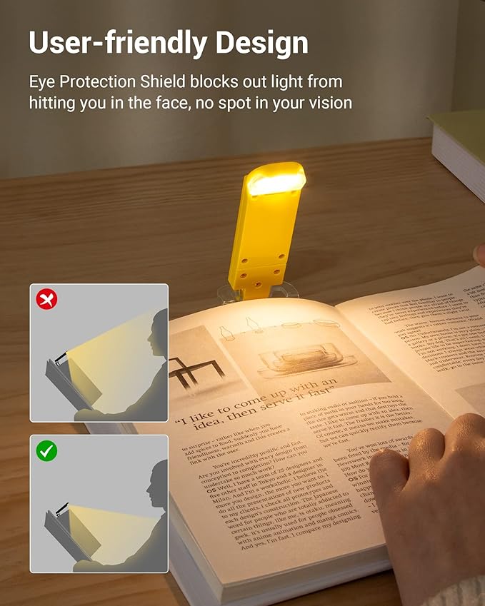 DEWENWILS Rechargeable Book Light for Reading in Bed, Warm White, Brightness Adjustable for Eye Care, LED Clip on Book Lights for Kids, Portable Bookmark Light, Yellow