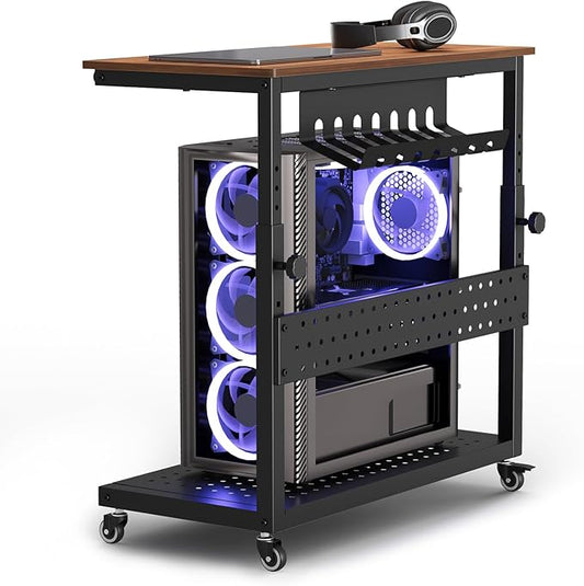 Computer Tower Stand, 11 Level Height Adjustable PC Stand with Line Storage Rack, Mobile Rolling CPU Holder Cart for Gaming Office Home (Rustic Brown)