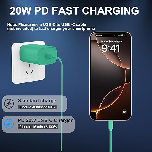 Phone 17 16 15 Charger Fast Charging Type C Chargers USB C Fast Charger Block & Phones 17 Charger Cord 10FT Long USB C Charging Cable for i.Phone 17/17 Pro/17 Pro Max/Air/Phone 16 15 Pro Max,Green