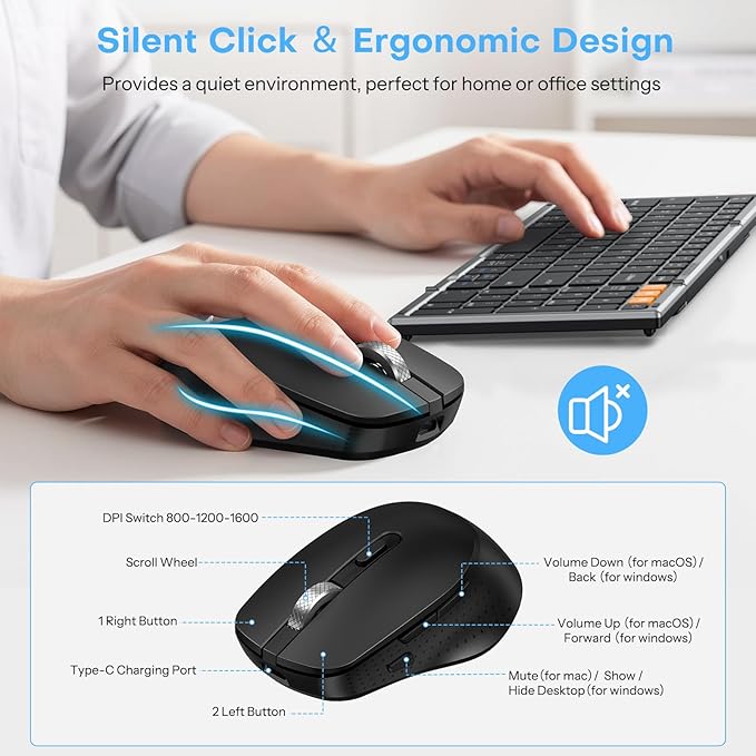 Foldable Keyboard and Mouse 2.4G Wireless + Dual Bluetooth, Portable Keyboard Mouse for Business Travel, OMOTON Rechargeable Ergonomic Design for iPad Android Tablet MacOS Windows Laptop, Space Grey