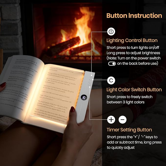 Flat Book Light, Rechargeable Clear LED Smart Reading Light with 3 Colors & Timer, Dimmable Full Page Panel Plate Lamp, Eye Protection, Portable Flat Reading Light for Bedside, Travel, Study (White)