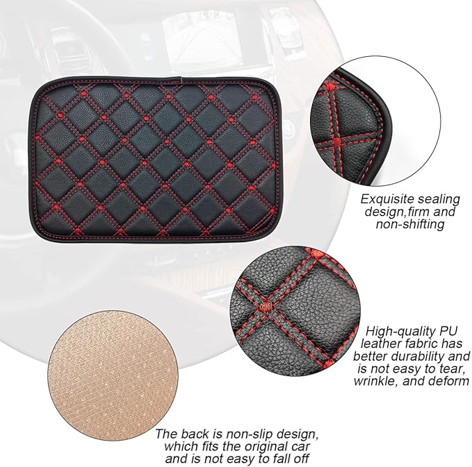 8sanlione Car Leather Center Console Cushion Pad, 11.4"x7.4" Waterproof Armrest Seat Box Cover Fit for Cars, Vehicles, SUVs, Comfort, Car Interior Protection Accessories (Black/Red-2)