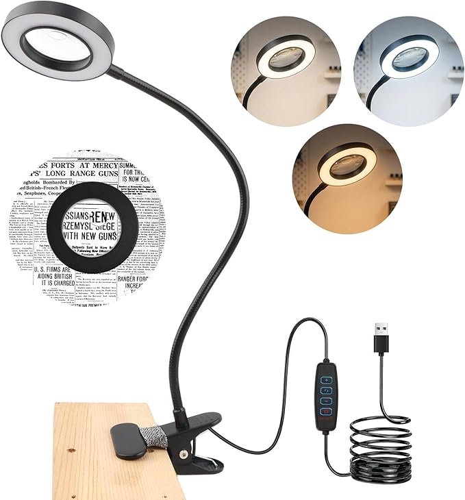 10X Magnifying Glass with Light, 2 in 1 Magnifying Desk Lamp Clip on Mganifier, 3 Color Modes & 10 Brightness Levels, USB Powered Magnifier Light for Bed Crafts DIY Repair(Size:120mm)