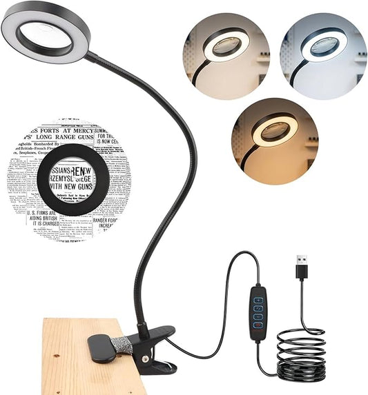 10X Magnifying Glass with Light, 2 in 1 Magnifying Desk Lamp Clip on Mganifier, 3 Color Modes & 10 Brightness Levels, USB Powered Magnifier Light for Bed Crafts DIY Repair(Size:120mm)