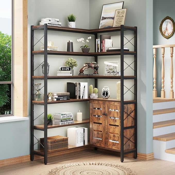 Wildhome 6-Shelf Corner Bookshelf, Vintage Industrial Corner Shelf Etagere Bookcase, Large Book Shelf with Metal Frame Open Storage Corner Cabinet (Brown-Lockers)