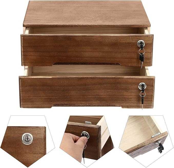 Wooden Desk Organizer with Drawers & Lock, Desktop Countertop Storage Cabinet Lockable Home Office Supplies File Tabletop Organizing Unit (2 Drawer - Retro Walnut)