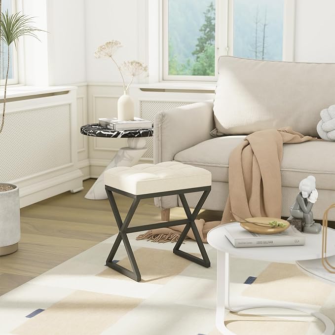 YMYNY Vanity Stool, Linen Footrest Stool, Ottoman Bench with X-Shaped Metal Legs, Makeup Dressing Stool for Vanity, Living Room, Bedroom, Entryway, Hallways 15.74" D×11.81" W×18.11" H Beige UHBD033Y
