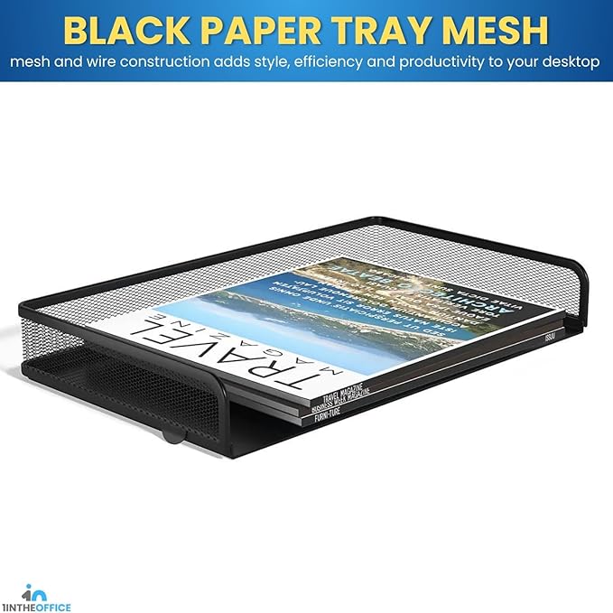 1InTheOffice Desk Trays Stackable Legal Tray, Black Wire Mesh Side-Load Paper Tray Organizer, (2 Pack)