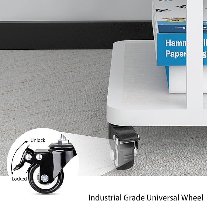 Natwind 2 Tier Laser Printer Stand,24''x20''x15'' Large Printer Table Copier Stand Under Desk,Heavy Duty Rolling Cart with Paper Storage Shelf,Printer Holder on Wheels for Home Office (White)