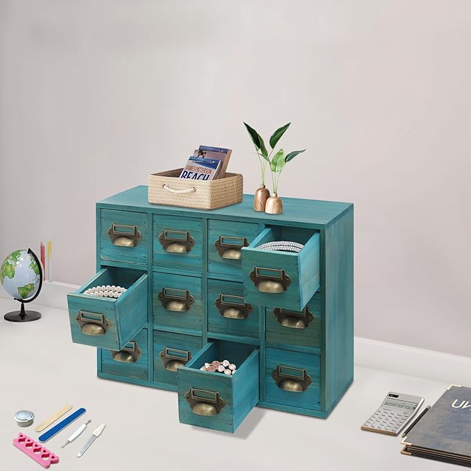 12 Drawer Drawers Storage Cabinet, Wooden Medicine Cabinet Desktop Drawer Organizer Herb Storage Box with Solid Wood Build & No Assembly for organize spices medicines jewelry cosmetics(Blue)