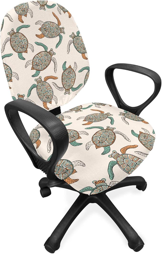 Ambesonne Ethnic Office Chair Slipcover, Illustration of Traditional Turtle with Geometric Motifs, Protective Stretch Decorative Fabric Cover, Standard Size, Peach Seafoam
