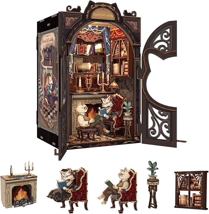 Fsolis Book Nook Kit Cat DIY Miniature Dollhouse Kit, 3D Wooden Puzzles for Adults, 108 Pieces, Bookshelf Diorama Mini Building House, Gift for Women Readers Book Lovers (Count Cat's Study)