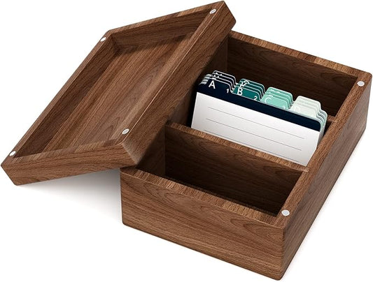 MaxGear Business Card Holder for Desk, 2.2" x 3.5" Walnut Wood Business Card Organizer, Index Cards Box Holds 300 Cards, 3 Divider Boards Includes A-Z Tabs, Desktop Organizers for Office & Home