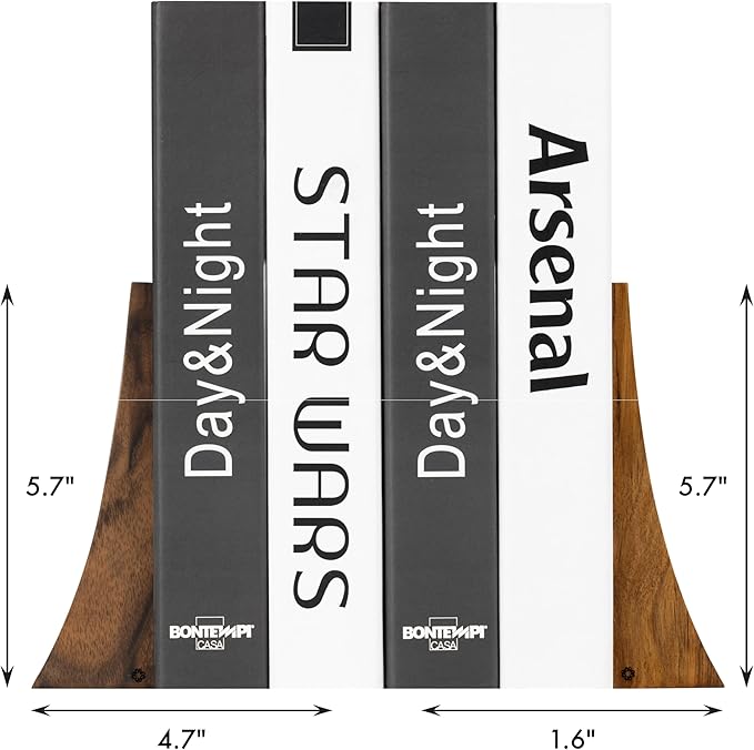 TILISMA Walnut Bookends for Shelves | Wooden Book Ends for Shelves | Sturdy Book Holders, Stoppers with Metal Base for Bookshelves | Slick Decorative Bookends Stands Firmly on Bookshelf (2 Pair)