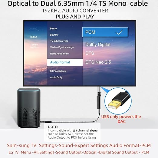 192KHz DAC Optical to Dual 6.35mm Converter,Optical Audio Cable to Dual 6.35mm 1/4" TS Mono Audio Adapter,Digital to Analog Audio Converter for HDTV,DVD,Set-top Boxes(O-ptical to 1/4" Only) Cable -6FT
