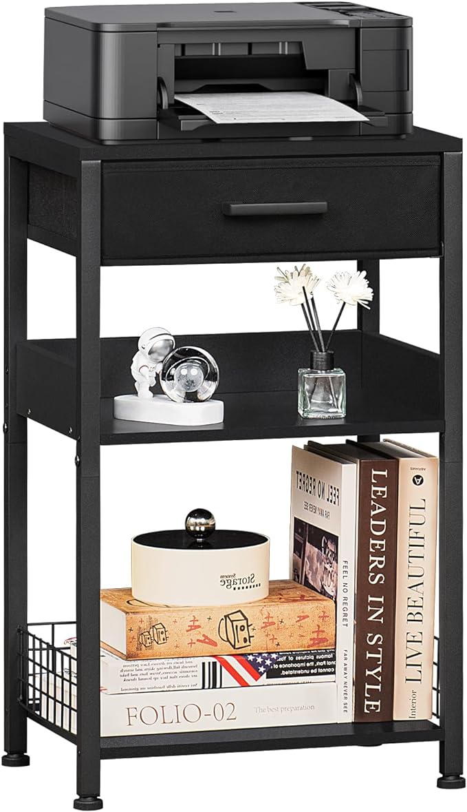 Lerliuo Pure Black Printer Table with Fabric Drawer,3 Tier Industrial Wood Printer Stand with Storage Shelf,Modern Tall End Table,Nightstand,Bed Side Tables for Scanner Fax Home Office Small Spaces