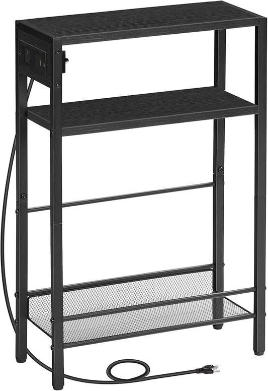 HOOBRO Small Narrow Side Table with Charging Station, Skinny End Table for Small Spaces, Slim Nightstand with USB Ports Outlet, Sofa Beside Table with Storage Shelf, Black BB102UBZ01