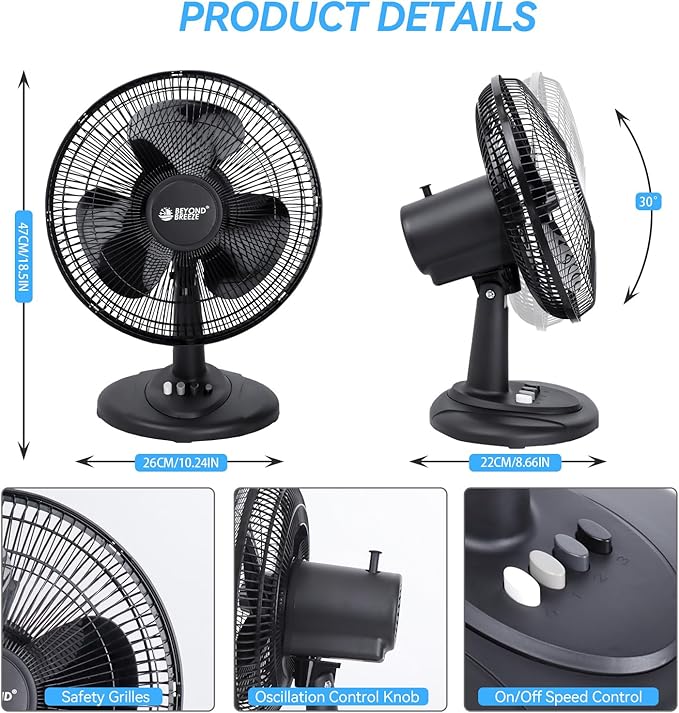 BEYOND BREEZE Oscillating Table Fan Quiet 3-Speed 12-Inch Adjustable Tilt Fan with Safety Grill, Ideal for Home, Office, Dorm, Black