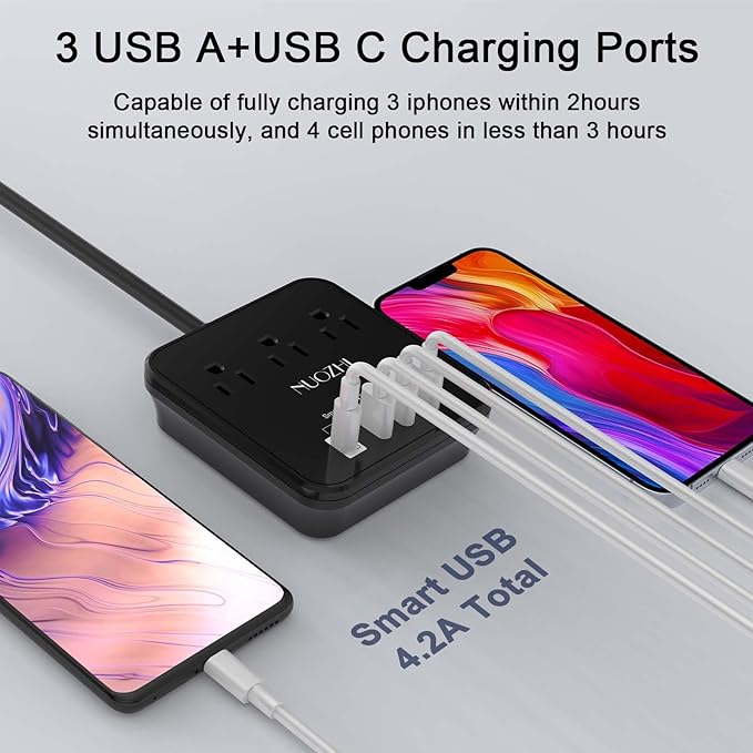 Cruise Essentials,6 Ft Power Strip with 3 Outlets and 4 USB Ports(1 USB C), Non Surge Protector for Cruise Ship, Travel, Home Office, ETL Listed, Black