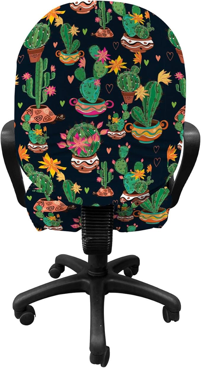 Ambesonne Cactus Print Office Chair Slipcover, Colorful Layout of Different Shapes of Cacti with Flowers, Protective Stretch Decorative Fabric Cover, Standard Size, Black Grey