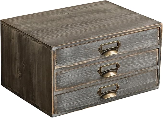 Stackable Modular Desktop Drawer Organizer, Solid Wood Grey 3-Drawer Storage Unit with Label Pull Handles, Stone Gray Japandi Style, Expandable by Adding More Units for Clutter-Free Spaces