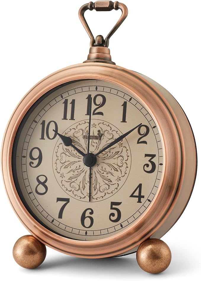 FLOITTUY 4.5" Battery Operated Antique Retro Analog Metal Alarm Clock, Silent Bedside Desk Clock, Wall-Hanging Vintage Clock(Exquisite Bronze)
