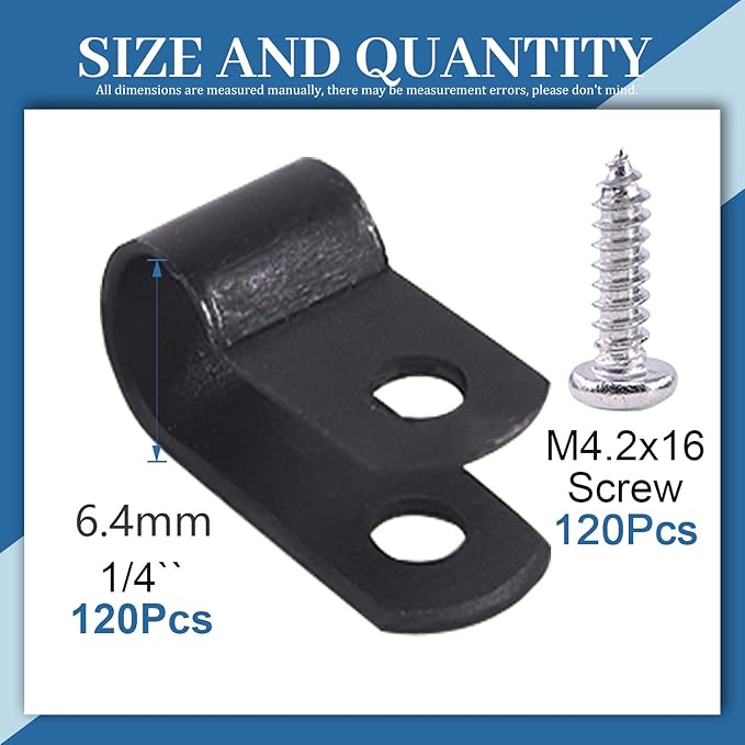 Glarks 120Pcs 1/4 Inch Black Nylon Screw Mounting R-Type Cable Clip Wire Clamp with 120Pcs Screws for Wire, Cable, Conduit and Cable Conduit Kit (Black)