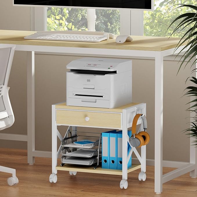 EasyCom 2-Tier Desktop Printer Stand with Large Drawer, Under Desk Storage with Wheels, Small Shelf with Storage for Paper Storage Printer Scanner Fax Home Office Use Beige