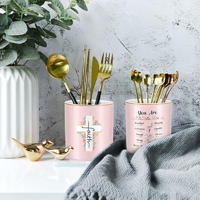 WAVEYU Ceramic Pen Holder for Desk Cute, Pencil Holder Cup, Makeup Brush Holder Pink, Multi-Functional Organizer for Office, Religious Style
