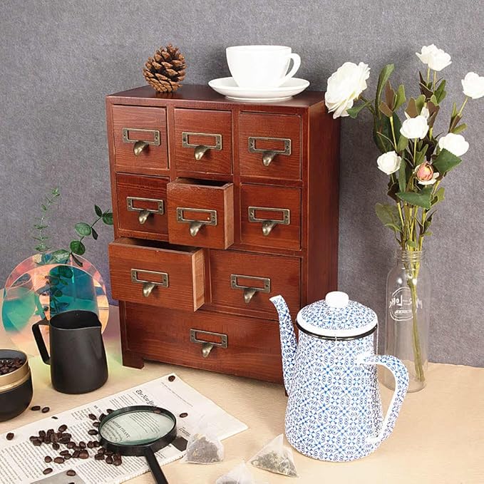 Apothecary Drawers Wooden Apothecary Cabinet with Drawers & Labels Rustic Library Card Catalog Cabinet Wooden Storage Box Desktop Organizer Herbal、Tea Bag、Jewelry Storage(Brown)