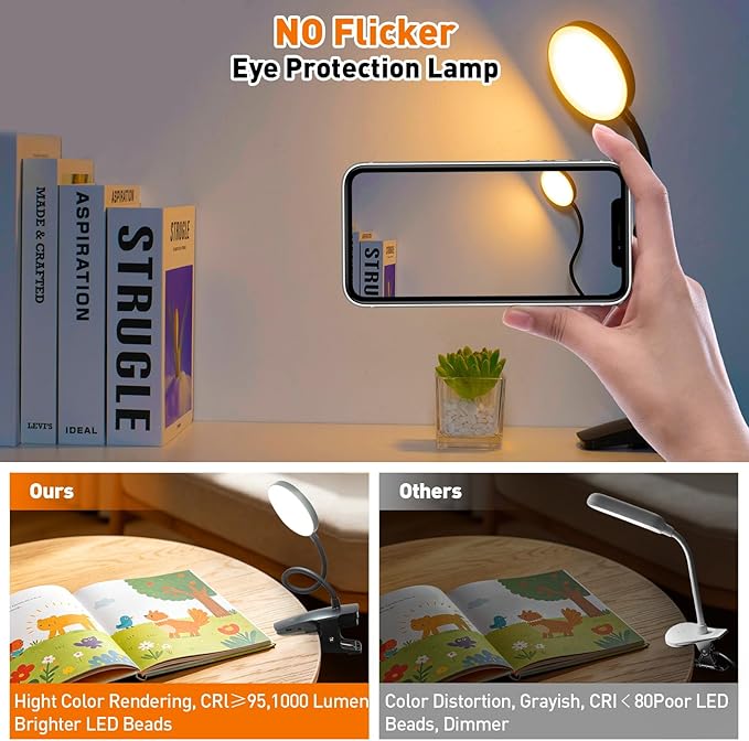Cordless Clip on Desk Lamp with Clamp, 30 Lighting Modes (6 Colors x 5 Dimming Levels) Eye-Protect 450 Lumen, 360° Flexible Gooseneck & Foldable, Clip on Light for Bed Headboard / Puzzle,Black 1 Pcs