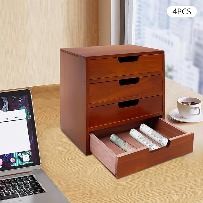 4 Pcs Drawer Cabinet Set, Wooden Storage Box Rustic Desktop Organizer, Mahogany Wood Stackable Units, Small Craft Storage Containers Apothecary Cabinet and Chest Jewelry Holder