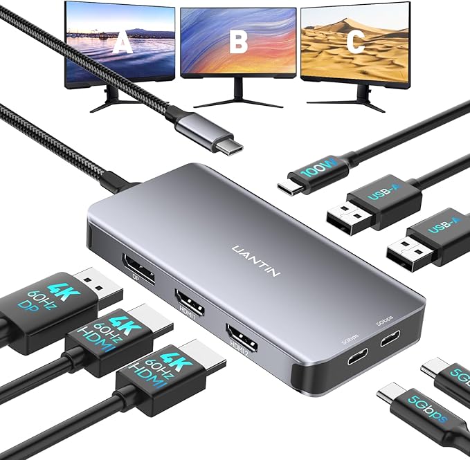 UANTIN USB C Docking Station Dual Monitor Adapter, Laptop Docking Station 3 Monitor Triple 4K60Hz Display with 2 HDMI, 4K120Hz DisplayPort, USB-A & USBC Data, 100W PD, USB C Dock for Dell, HP, Lenovo