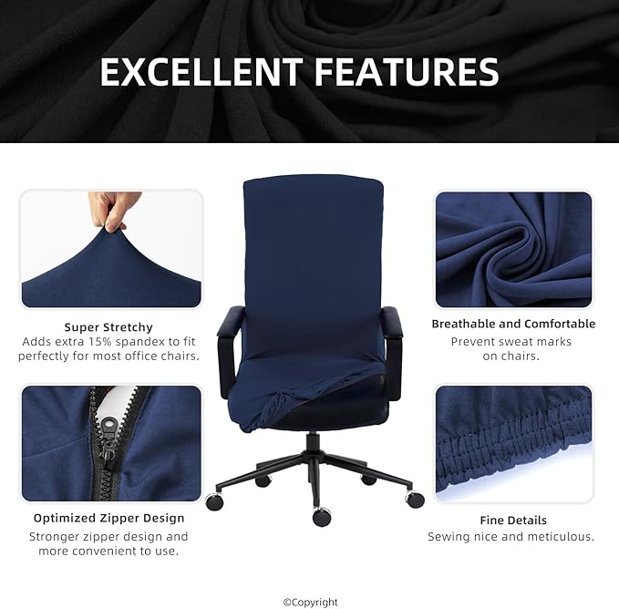DIVA EN CAMINO DEC Universal Office Chair Cover with Durable Zipper, Soft Stretch Slipcover for High Back Chair, Navy