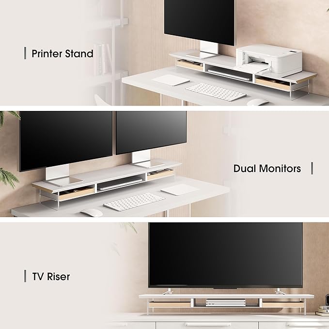 Fenge 42.5” Dual Monitor Stand with 2 Drawers, Metal Wood Monitor Riser with Acrylic Legs, 2-Tier Desktop Shelf Storage Organizer for Computer, Laptop, Printer, TV, White