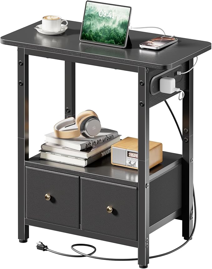 HLDIRECT Nightstand with Charging Station, Bedside Table with 2 Fabric Drawers and Large Storage Shelf for Small Space, End Table with Outlet and USB Ports for Living Room, Bedroom (Black)
