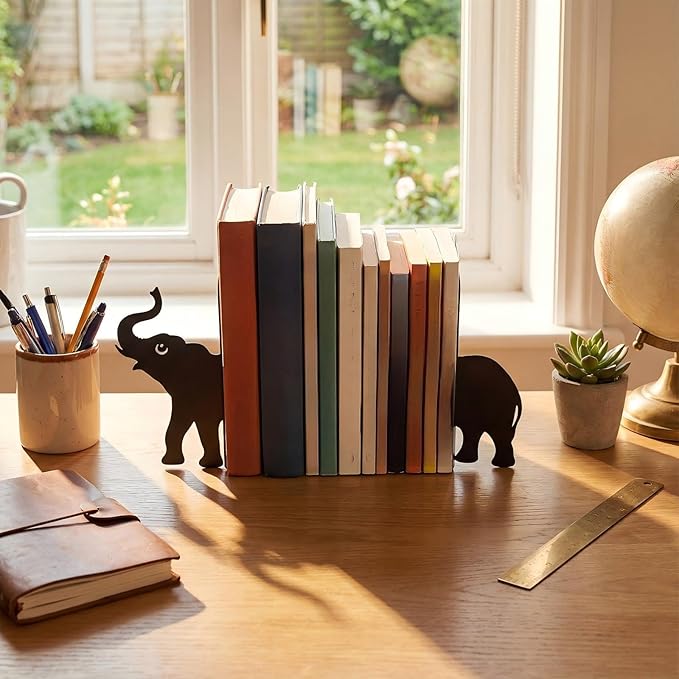 Geelin Elephant Metal Bookends Set of 2 Styles Book Ends for Shelves Bookshelf Home Office Desk Bookshelf Decor Gift for Elephant Lovers and Reading Enthusiasts