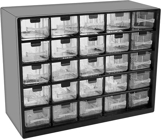 25 Drawers Stackable Storage Cabinet with 50 Removable Dividers, Clear Small Parts Organizer for Hardware, Crafts & Beads, Desktop Drawer Unit for Office Supplies & Teacher Toolbox, 11.5×8.9×4.8 In