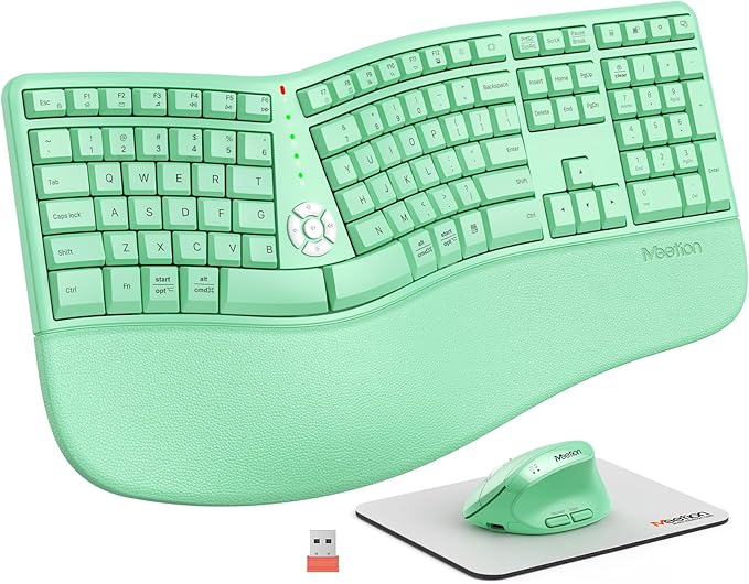 MEETION Ergonomic Keyboard and Mouse, Wireless Keyboard with Vertical Mouse, Split Curved Keyboard with Wrist Rest, Natural Typing USB Receiver Rechargeable Full Size, Windows/Mac/PC/Laptop, GN
